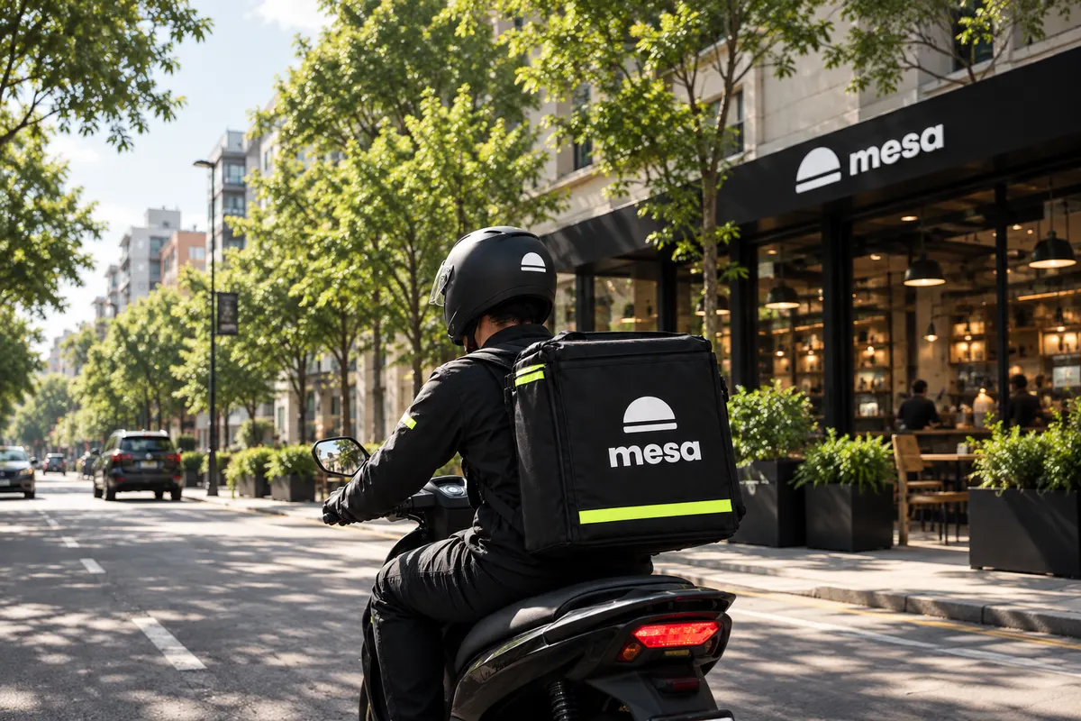 Repartidor de MesaIA en su moto frente a un restaurante MesaIA